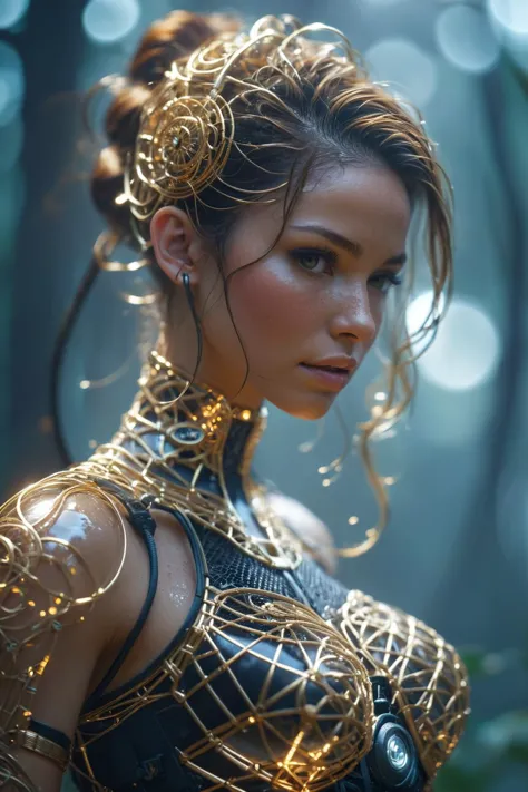 close up shot, professional 3d model , 3 d printed fit 18 y.o. female cyborg made from twisted gold and black filigree bent wire, wireframe, mesh,ornate and intricate, inner biocore,highly detailed translucent skin with hair and very faint freckles, translucent, dew drops, hdr, smooth, sharp focus, high resolution, award winning photo, 80mm, f2.8, bokeh, tropical environment, octane render, highly detailed, volumetric, dramatic lighting,ethereal forest with enchanted flora and fauna in a mystical and magical setting