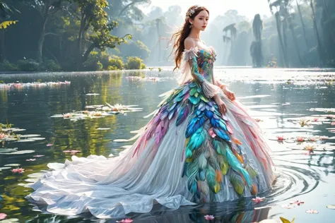 Group of men and women,(masterpiece:1.2),best quality,multicolored,masterpiece,best quality,((an extremely delicate and beautiful)),floating,(detailed wet clothes),(detailed light),feather,nature,(sunlight),river,floating palace,beautiful and delicate water,(bloom),(shine),combining the styles of Oscar Chichoni and Luis Royo