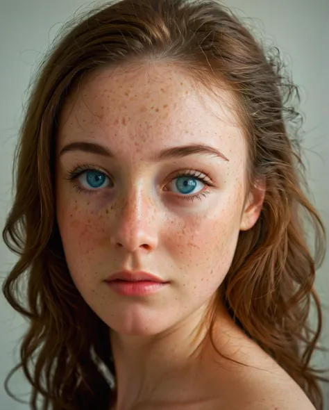 a close up of a woman with freckles on her face