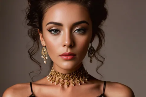 a close up of a woman wearing a necklace and earrings