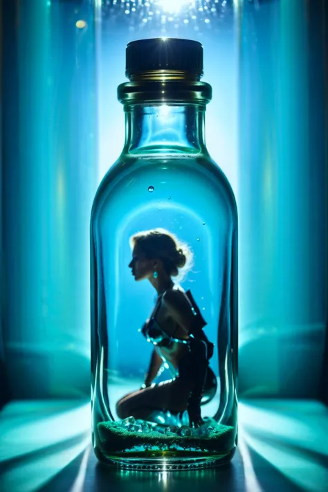 Eine makroskopische Cyanobenthenwelt in einer klaren Glasflasche, atompunk poster style, Zurückhaltende Fotografie, dramatische Beleuchtung, tiefe Schatten, Kontrastreicher Kontrast, stimmungsvolle Atmosphäre, intensive Emotionen, Kinoatmosphäre, geheimnisvolle Atmosphäre, Betonung von Form und Gestalt, Tiefe schaffen, Drama hervorrufen, Geschichtenerzählen durch Schatten, Professionelle Technik, Sexy Modestil, umarmt Sinnlichkeit und Selbstvertrauen, Schönheit, locken, spiegelt eine mutige und verführerische Haltung wider