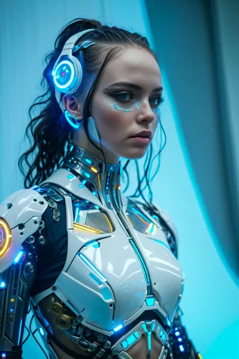 a woman in a futuristic suit with headphones and glowing lights