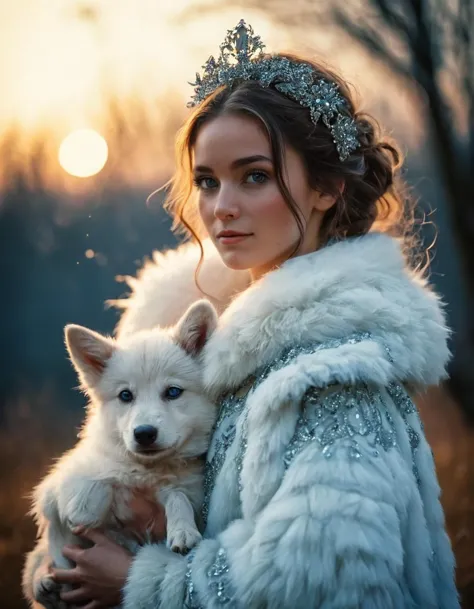 a woman in a fur coat holding a white dog in her arms