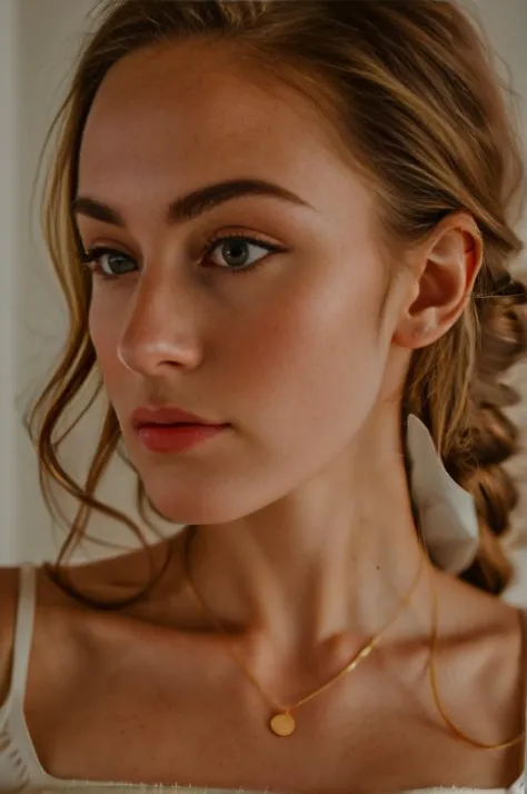 a woman with a braid up in a white top and a gold necklace