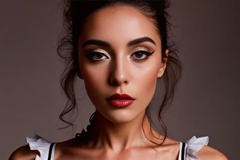 arafed woman with a black and white top and red lipstick