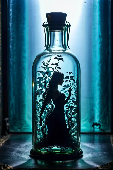 there is a glass bottle with a picture of a woman in a dress