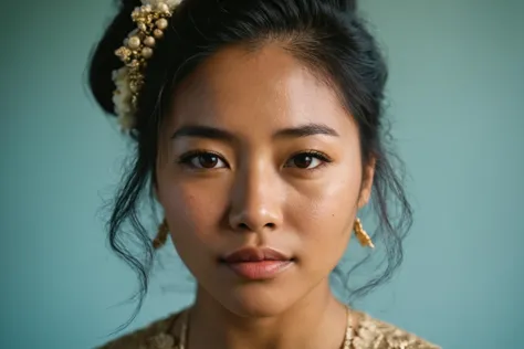 a close up of a woman with a gold dress and a flower in her hair