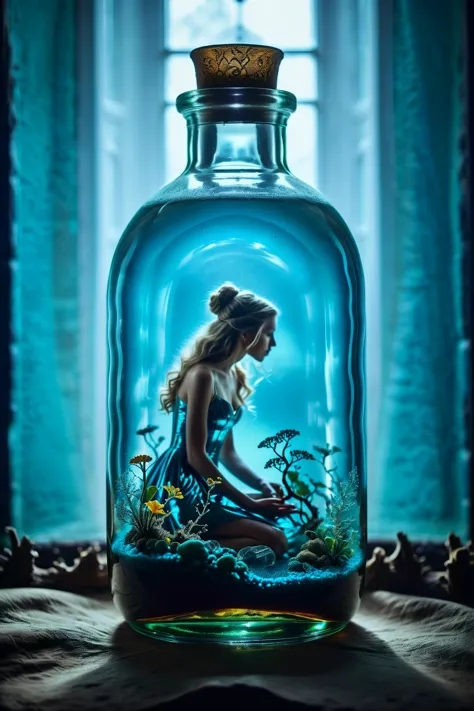 A macroscopic cyanobenthic world inside a clear glass bottle, atompunk poster style, <lora:MJ52:0.1> <lora:add-detail-xl:1>, low...