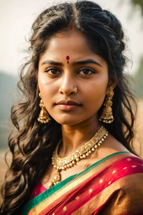 a woman with a necklace and earrings in a red and green sari