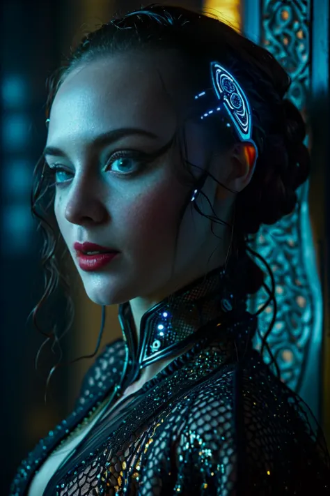 ângulo holandês (por trás) ver foto extremamente próxima (foco nas costas),  cyberpunk biomecânico feminino, Cibernética, pele branca de porcelana, (rindo:1.1)  lágrimas,   roupão com acabamento em malha, Escuro, Intrincado, grão de filme cinematográfico altamente detalhado, 4K, cores vibrantes,pele altamente detalhada com sardas fotografia discreta, iluminação dramática, sombras profundas, rico contraste, atmosfera temperamental, emoções intensas, Sensação cinematográfica, ambiente misterioso, enfatizando forma e forma, criando profundidade, evocando drama, contando histórias através das sombras, técnica profissional