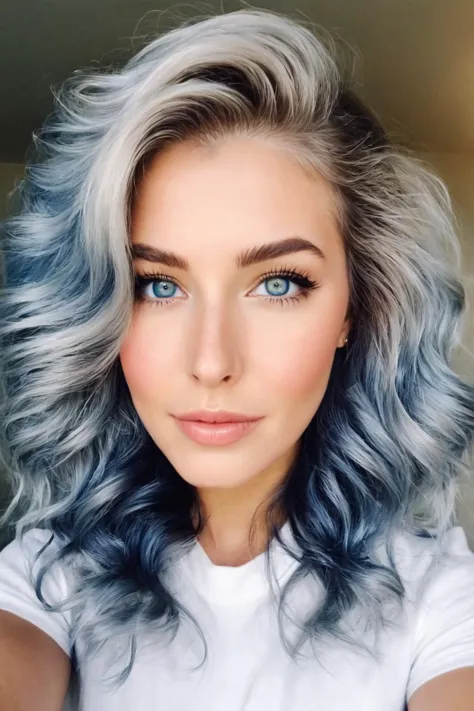 captivating  AI generated image of a caucasian female ever,Hazel-Blue eyes, Grey colored hair in a 360 waves style