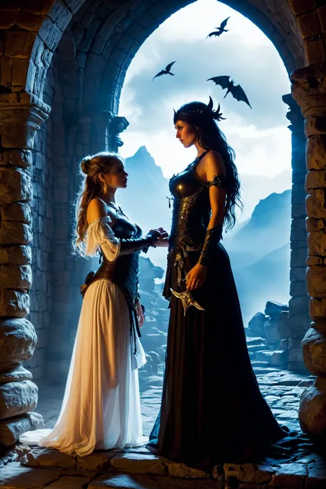 dramatic  dark fantasy art, (((2girls,seduction))), dungeons and dragons