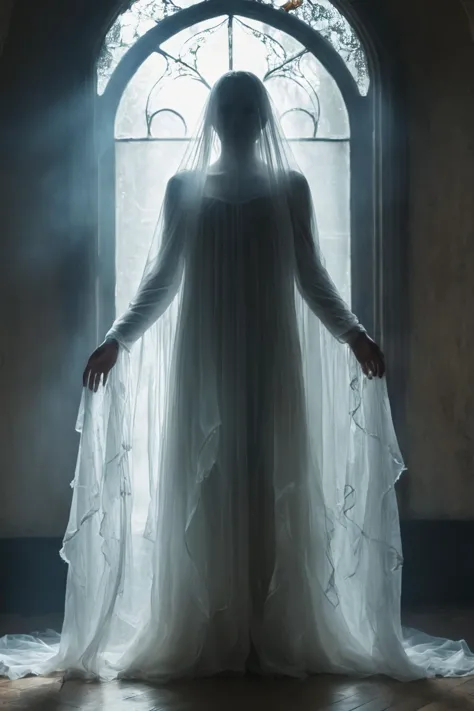 a woman in a white wedding dress standing in front of a window