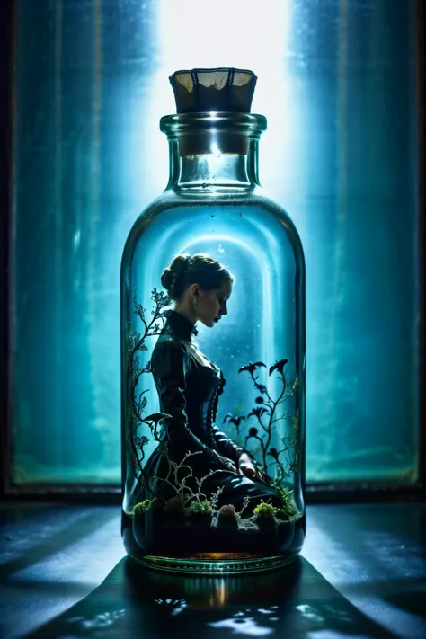 A macroscopic cyanobenthic world inside a clear glass bottle, atompunk poster style, <lora:MJ52:0.1> <lora:add-detail-xl:1>, low key photography, dramatic lighting, deep shadows, rich contrast, moody atmosphere, intense emotions, cinematic feel, mysterious ambiance, emphasizing shape and form, creating depth, evoking drama, storytelling through shadows, professional technique, Goth fashion style, characterized by dark and dramatic clothing choices, often includes black clothing, lace, leather, and Victorian-inspired elements, promotes a sense of mystery and theatricality, celebrates beauty in the macabre, encourages self-expression and embracing the unconventional