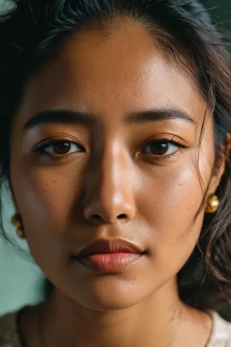 cinematic still, A shot of an 18 year old Filipino-Malay woman ,highly detailed skin with hair , emotional, harmonious, vignette...