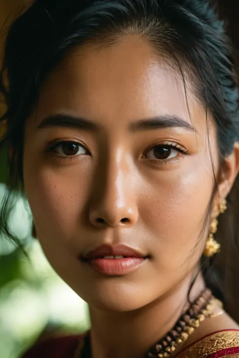 cinematic still, A shot of an 18 year old Thai-Burmese woman ,highly detailed skin with hair , emotional, harmonious, vignette, ...