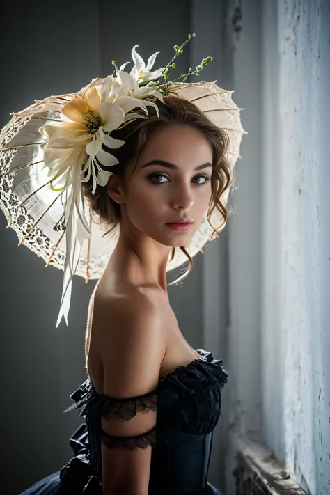 a close up of a woman wearing a hat with flowers on it