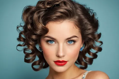 faszinierendes KI-generiertes Bild einer schwedischen Frau,Grau-blaue Augen, Brünett gefärbtes Haar im Retro-Locken-Stil