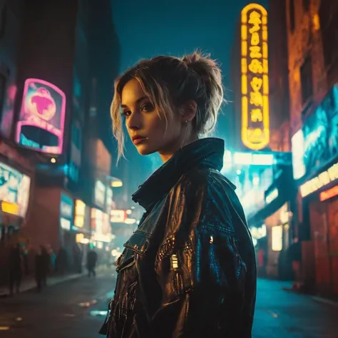 a woman standing in the middle of a city at night