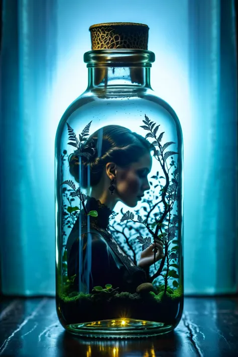 A macroscopic cyanobenthic world inside a clear glass bottle, atompunk poster style, <lora:MJ52:0.1> <lora:add-detail-xl:1>, low key photography, dramatic lighting, deep shadows, rich contrast, moody atmosphere, intense emotions, cinematic feel, mysterious ambiance, emphasizing shape and form, creating depth, evoking drama, storytelling through shadows, professional technique, Goth fashion style, characterized by dark and dramatic clothing choices, often includes black clothing, lace, leather, and Victorian-inspired elements, promotes a sense of mystery and theatricality, celebrates beauty in the macabre, encourages self-expression and embracing the unconventional