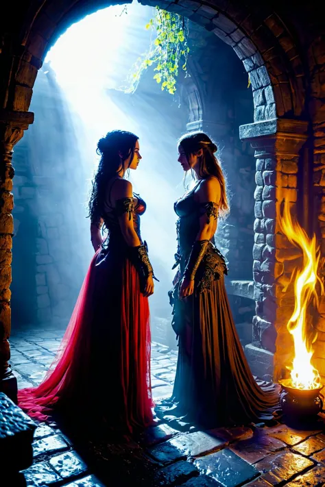 two women in medieval dress standing in front of a fire