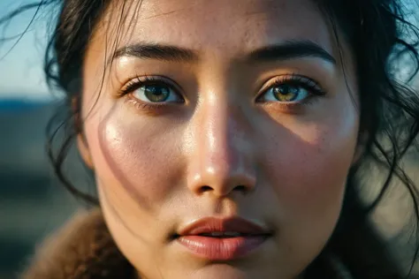 cinematic still A close up shot of an 18 year old Mongolian-Russian woman ,highly detailed skin with hair , emotional, harmonious, vignette, 4k epic detailed, shot on kodak, 35mm photo, sharp focus, high budget, cinemascope, moody, epic, gorgeous, film grain, grainy,