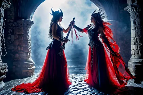 two women dressed in gothic costumes holding swords in a dark room