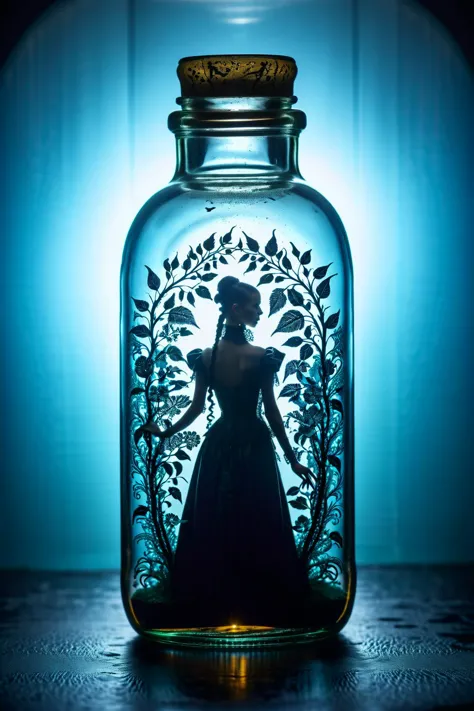 A macroscopic cyanobenthic world inside a clear glass bottle, atompunk poster style, <lora:MJ52:0.1> <lora:add-detail-xl:1>, low key photography, dramatic lighting, deep shadows, rich contrast, moody atmosphere, intense emotions, cinematic feel, mysterious ambiance, emphasizing shape and form, creating depth, evoking drama, storytelling through shadows, professional technique, Goth fashion style, characterized by dark and dramatic clothing choices, often includes black clothing, lace, leather, and Victorian-inspired elements, promotes a sense of mystery and theatricality, celebrates beauty in the macabre, encourages self-expression and embracing the unconventional