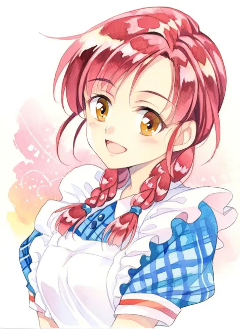 watercolor, 1girl, solo, braid, twin braids, smile, hair over shoulder, open mouth, apron, upper body, plaid, brown eyes, long hair, looking at viewer, short sleeves, :d, red hair, blush,<lora:SoftWatercolor-000017:1>