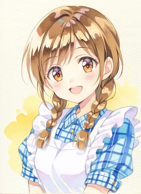 watercolor, 1girl, solo, braid, twin braids, smile, hair over shoulder, open mouth, apron, upper body, plaid, brown eyes, long h...