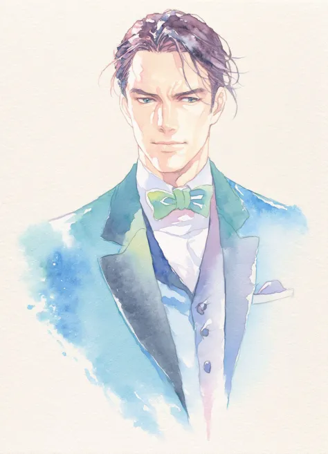 watercolor, 1boy, male focus, solo, formal, bowtie, painting, bow, suit, black hair, upper body,<lora:softwatercolor-000012:1>