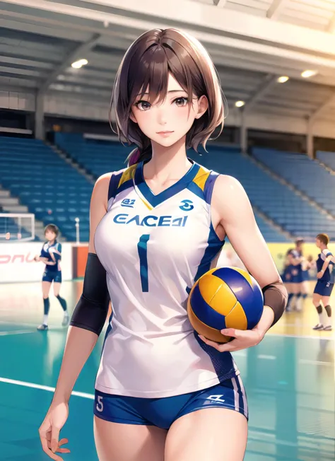 a close up of a woman holding a volleyball ball on a court