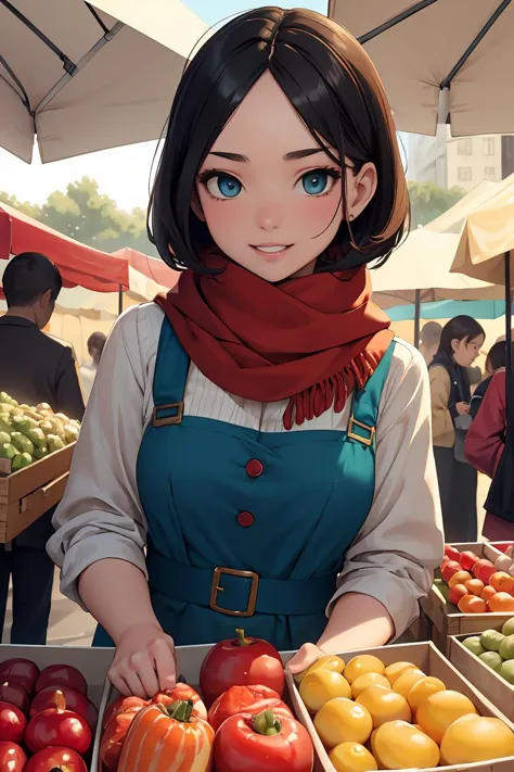 (masterpiece, best quality),female golden age, wholesome, east asian, blue eyes,   square chin, underbite jaw, hollow cheeks, rounded forehead,    red carpet makeup , teal layered haircut hair, confusion wearing overall dress, peek-a-boo bra,  , playing with scarf, playing with a scarf with a flirtatious smile, adding a touch of mystery and allure, romantic, a combination of soft lighting, warm tones, and gentle shadows to enhance the romantic atmosphere, a vibrant farmer's market, bustling with people and colorful produce