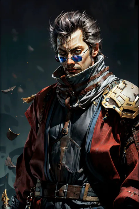 highly detailed, saturated, dimly lit, upper body focus digital painting of <lora:auron:.8> Auron, adult male, (solo:1.3), ((scar across right eye)), one eye closed, eye over small oval (sunglasses:1.3), (stubble:1.1), BREAK warm skintone, ((radiant skin)), pores, skin details, vascular, hair strands in face, [greying temples], short wrapped (low:1.3) [ponytail], BREAK leather chest [armor], arm tucked, empty sleeve, suede collar, leather belts, metal buttons and buckles, intricate long ((solid red)) haori, wrist gauntlet, single glove, [katana] in hand, [jug on hip], BREAK fabric textures, [beads, tassels], simple background, (reflective surfaces), (depth of field), atmosphere, foreground focus, (8k:1.3)