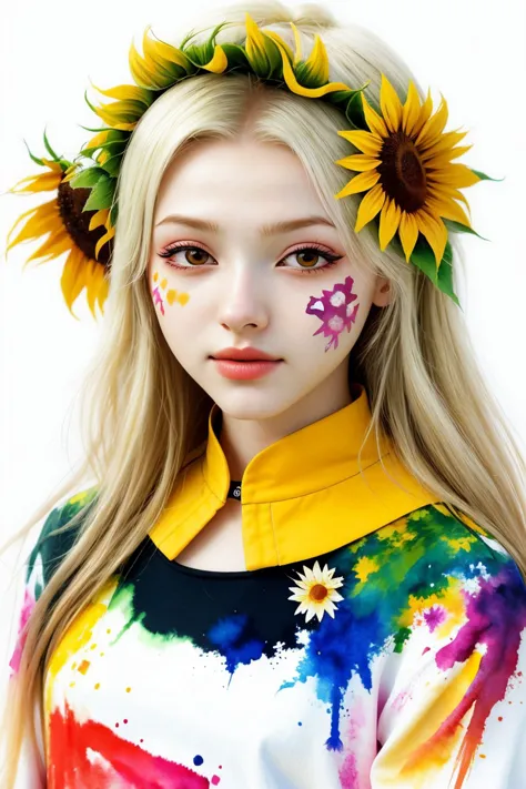 watercolor painting of <lora:ElinaKarimova_v4:0.9> ElinaKarimova, close up on face, focus on eyes, (sunflower face paint:1.2)