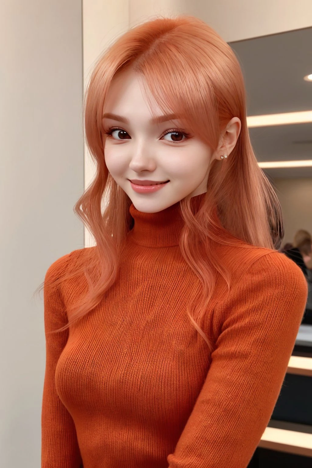 ElinaKarimova 上半身照片, 专注于笑脸, 穿著高領毛衣 , 她的銅橙色頭髮被設計為分層剪裁,