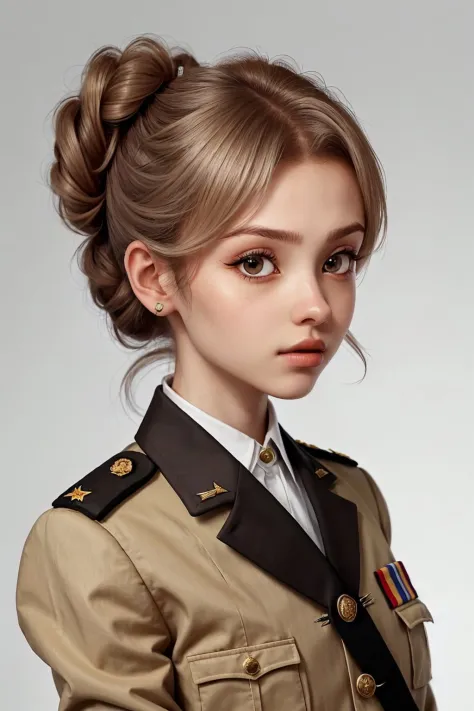 portrait photo of <lora:ElinaKarimova_v4:0.9> ElinaKarimova, focus on face, wearing a military uniform , her hair is styled as l...