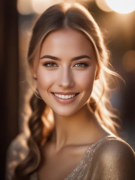 award winning portrait photo of an young smiling swedish woman, bokeh, backlit, (brown color in detail:1.1), telephoto, elegant atmosphere, realistic, intricate details, true skin tone