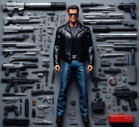 knolling, Things and Objects, Terminator collect Figure , lots of details and additions, assembled character in the center of th...