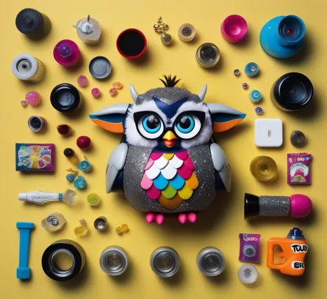 knolling Furby, lots of details and additions, assembled character in the center of the image