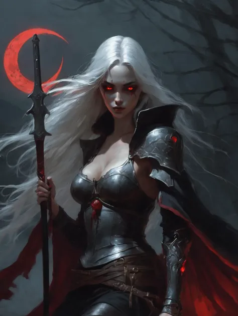 a gorgeous female human necromancer, long silver hair, scythe , bone armor, glowing red eyes,  
fantasy, dark room, dim light , ...