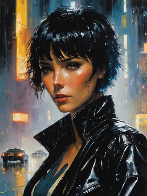 1 female, short hair,  with black leather jacket, 
blade runner
raining 
shadow
dramatic lighting
art by  John Berkey
(best qual...