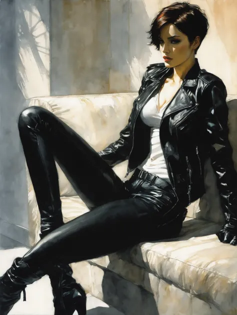 1 female, short hair,  with black leather jacket, 
  sit on the sofa,
best shadow, dramatic lighting, 
 art by Gerard Brom, Alex...