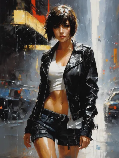 1 female, short hair,  with black leather jacket, 
white Camisole Tank Top, shorts
 raining 
shadow
dramatic lighting
art by  Jo...