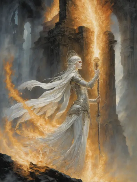 1 female,  mage
casting fire
detailed face 
ruins 
shadow
dramatic lighting
art by Karol Bak Kay Nielsen
(best quality, masterpiece, )