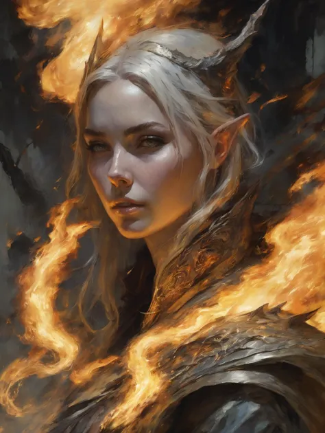 1 female,   wizard
casting fire
detailed face 
closeup
ruins 
shadow
dramatic lighting
 dragons
art by  Ashley-Wood Amanda-Sage
(best quality, masterpiece, )