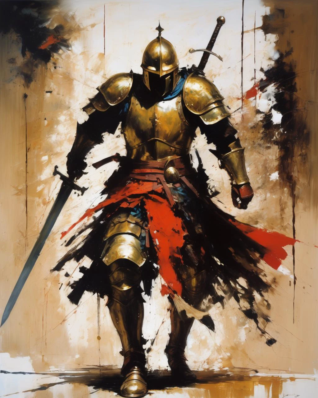 1 guerrero,  blandir una espada enorme,
armadura pinceladas secas, pintura al óleo 
  (mejor calidad, Obra maestra, arte de Ashley Wood )