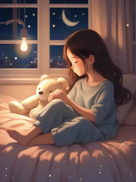 cute little girl sleeping comfortably on a bed, covered with a blanket, stuffed animal, string lights on the wall, window, cozy ...