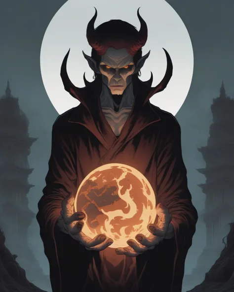 an evil demon man holding the world in the palm of his hands, grim, dark, flame lighting, (style of becky cloonan)