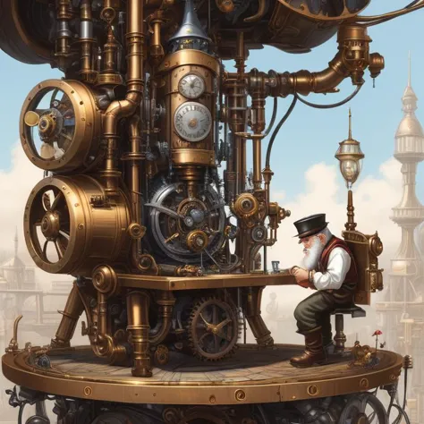 3. A tiny gnome tinkerer inside the intricate clockwork of a towering steampunk robot. Detailed macro perspective capturing the ...